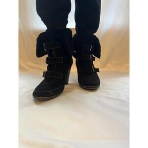 Söfft Women Black Suede Fur Lined Buckle Heel Boots Size 11